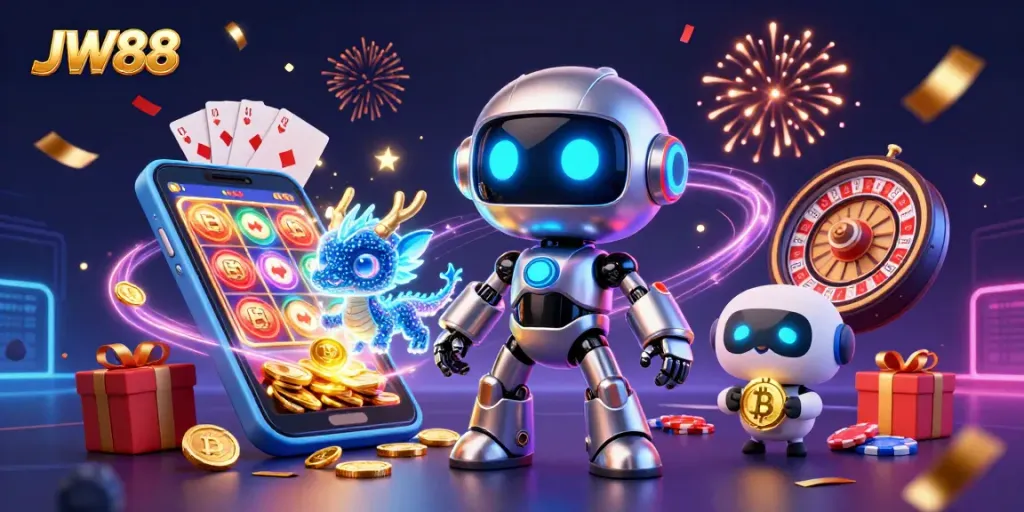 Experience thrilling gaming at JW88 with neon robots, slot games, and festive elements.