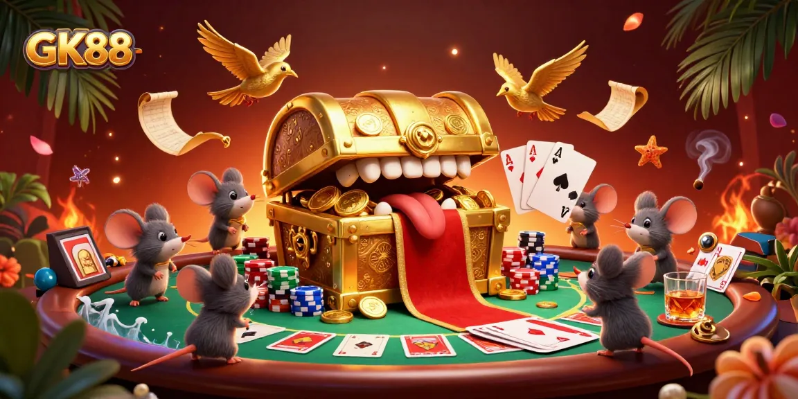 Bet on GK88 with a vibrant scene featuring mice and a treasure chest at a poker table.