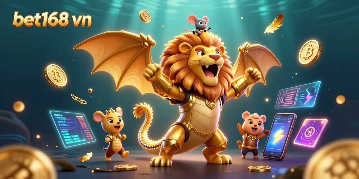 Engage in thrilling gameplay at bet168 vn with a golden chimera and crypto elements illuminating the action.