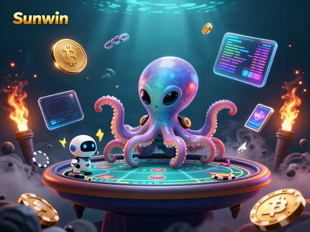 Engage with Sunwin's unique casino experience featuring an alien octopus managing a poker game.