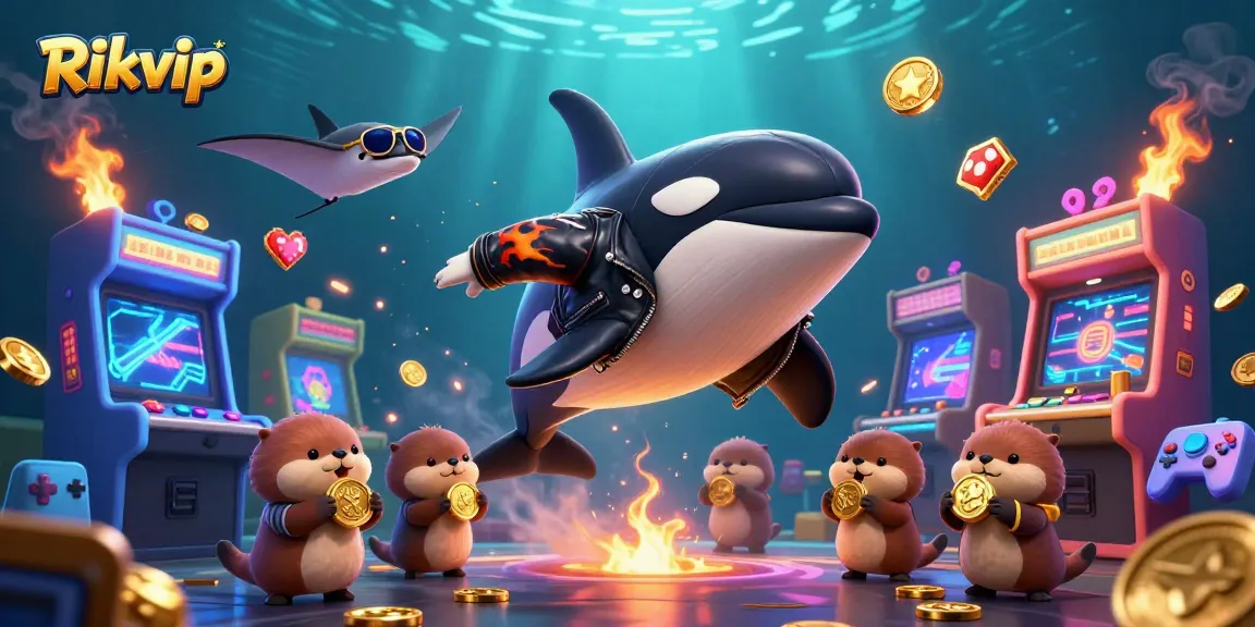 Engage with the thrilling world of Rikvip as playful characters celebrate wins amidst vibrant casino gaming elements.