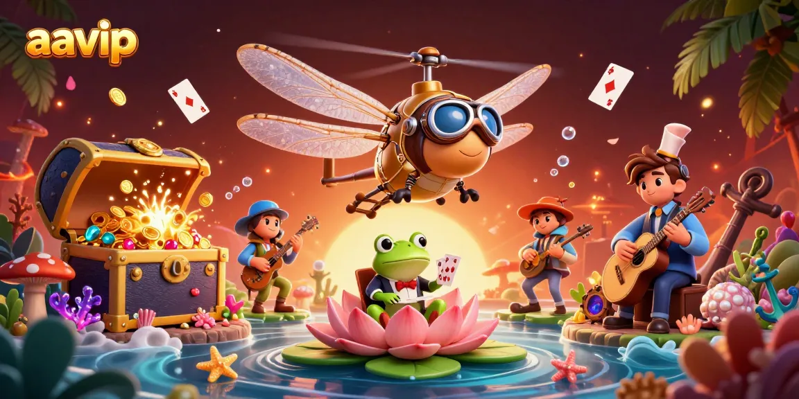 AAVIP offers an exciting gaming scene with a dragonfly pilot, a frog croupier, and a jazz band in 3D illustration