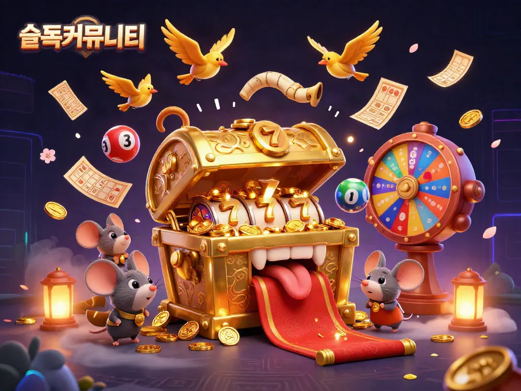 Engaging scene showcasing 슬롯커뮤니티 featuring vibrant slot reels and a treasure chest, captivating gamblers.