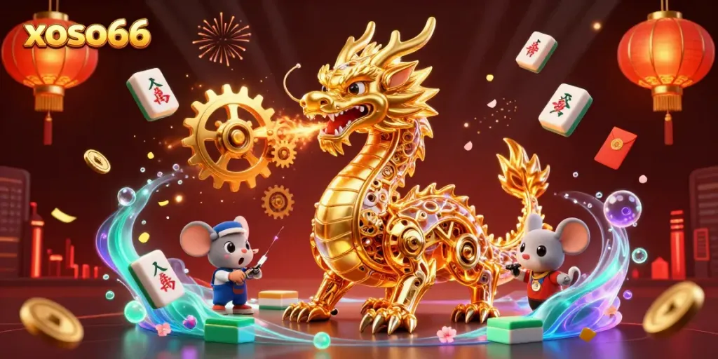 Experience xoso66's thrilling gaming magic with a golden dragon breathing gears and festive elements