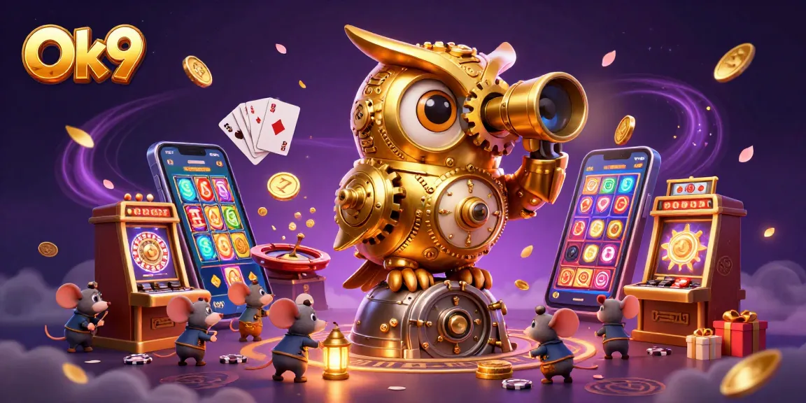 Explore exciting games at Ok9 featuring a golden clockwork owl, vibrant slots, and more!