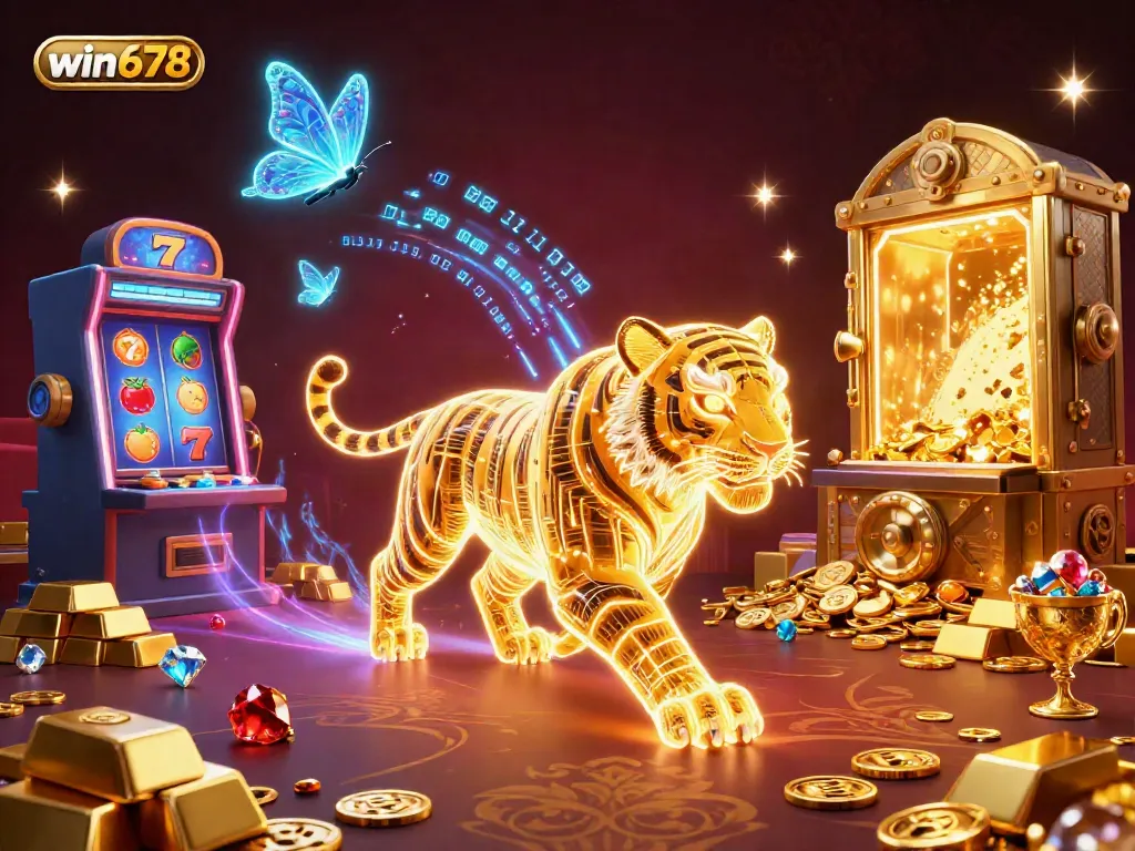 Experience the excitement of win678 with a vibrant casino scene showcasing treasures, games, and a mystical tiger.
