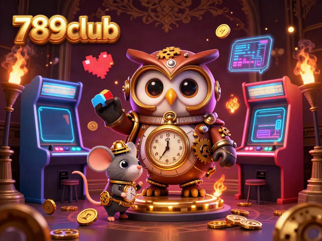 Engage in thrilling games at 789club with vibrant arcade elements and a whimsical, time-traveling owl.