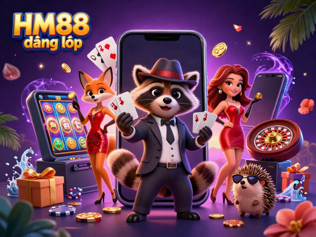 Experience seamless gameplay with HM88 đăng nhập featuring a suave raccoon, fox lady, and hedgehog bouncer in a vibrant casino scene.