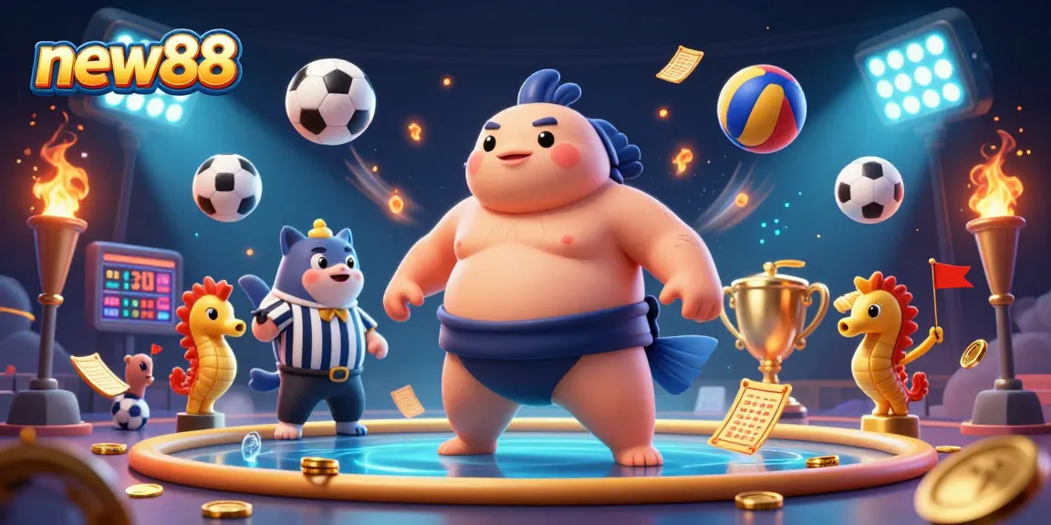 Experience excitement with new88 as the fugu and friends celebrate in an underwater sports betting arena.