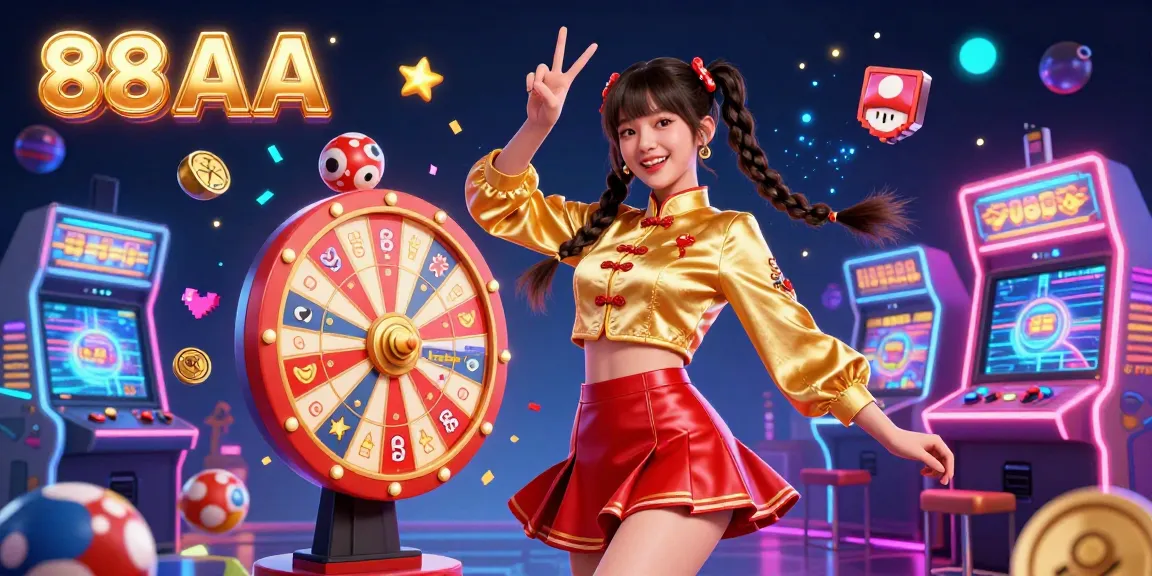 Experience the thrill of 88 AA with vibrant casino elements and an energetic character surrounded by gaming excitement.