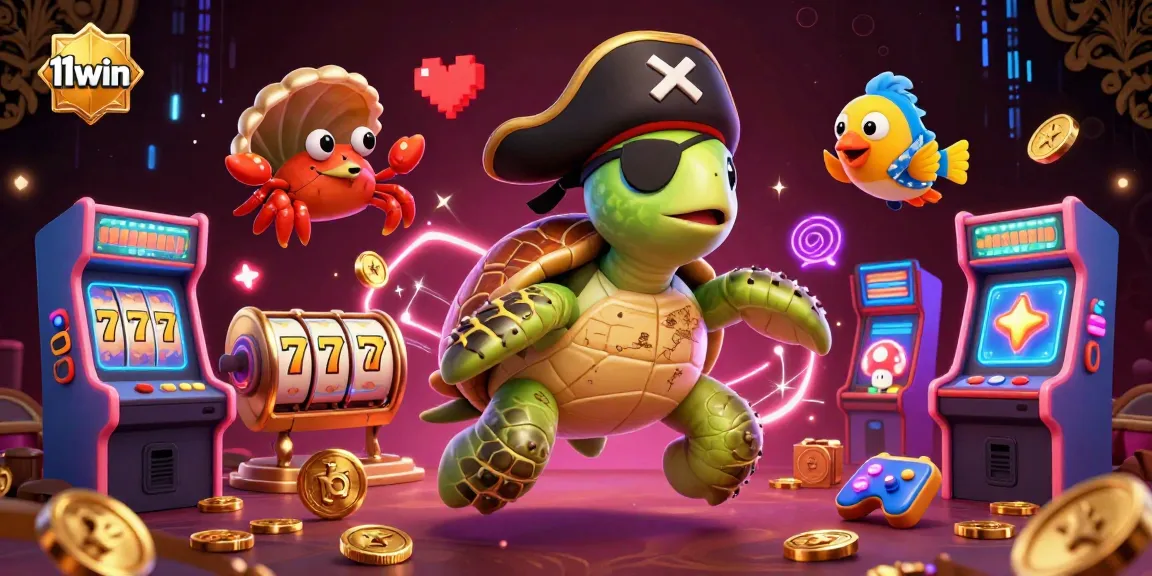 Win big at 11win with a vibrant illustration of gaming fun featuring a turtle and treasures.