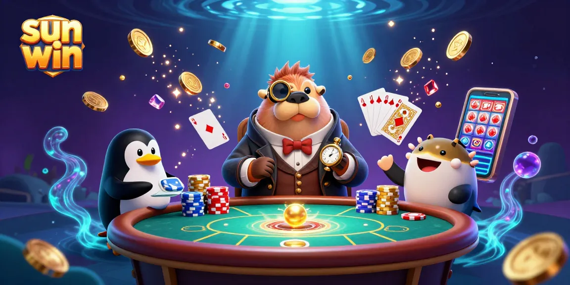 Play poker at sun win with a walrus, penguin dealer, and pufferfish amid gold coins and vibrant game elements.