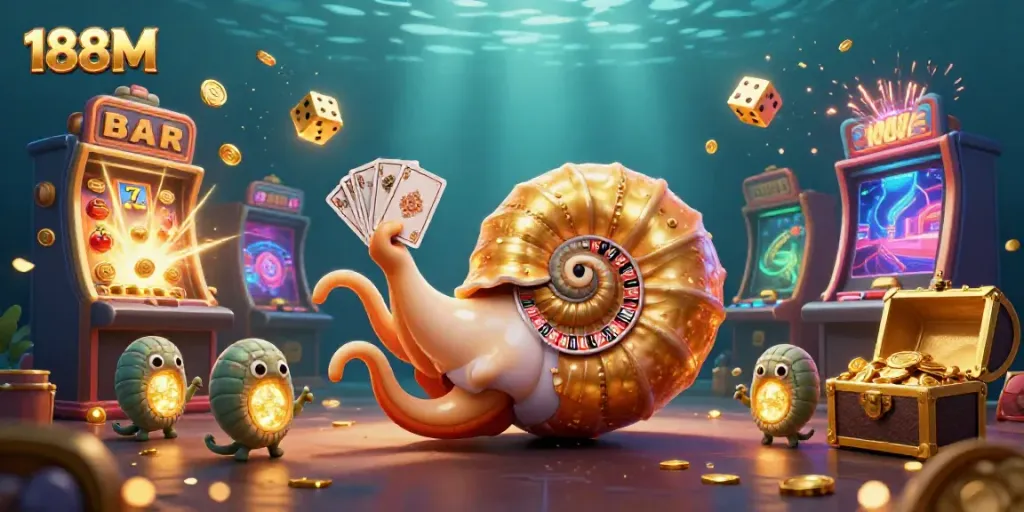 Experience thrilling gameplay at 188M with a vibrant 3D illustration featuring a giant nautilus, jackpot elements, and underwater visuals.