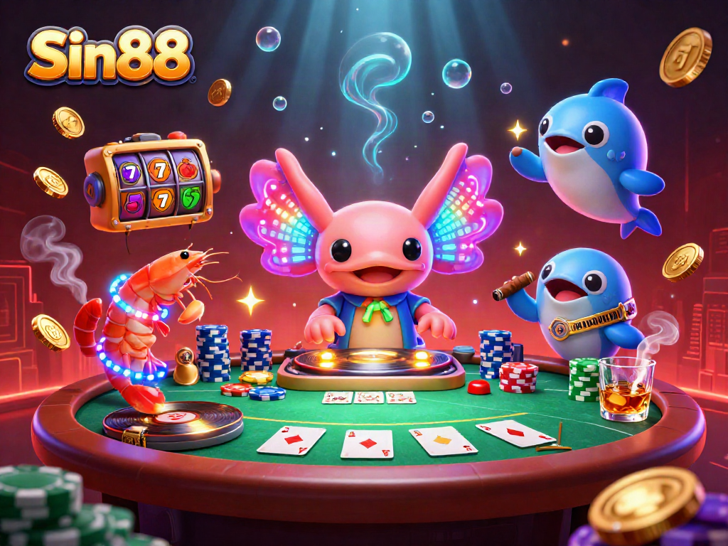 Engage with thrilling Sin88 casino action featuring vibrant axolotl DJ and colorful game elements.