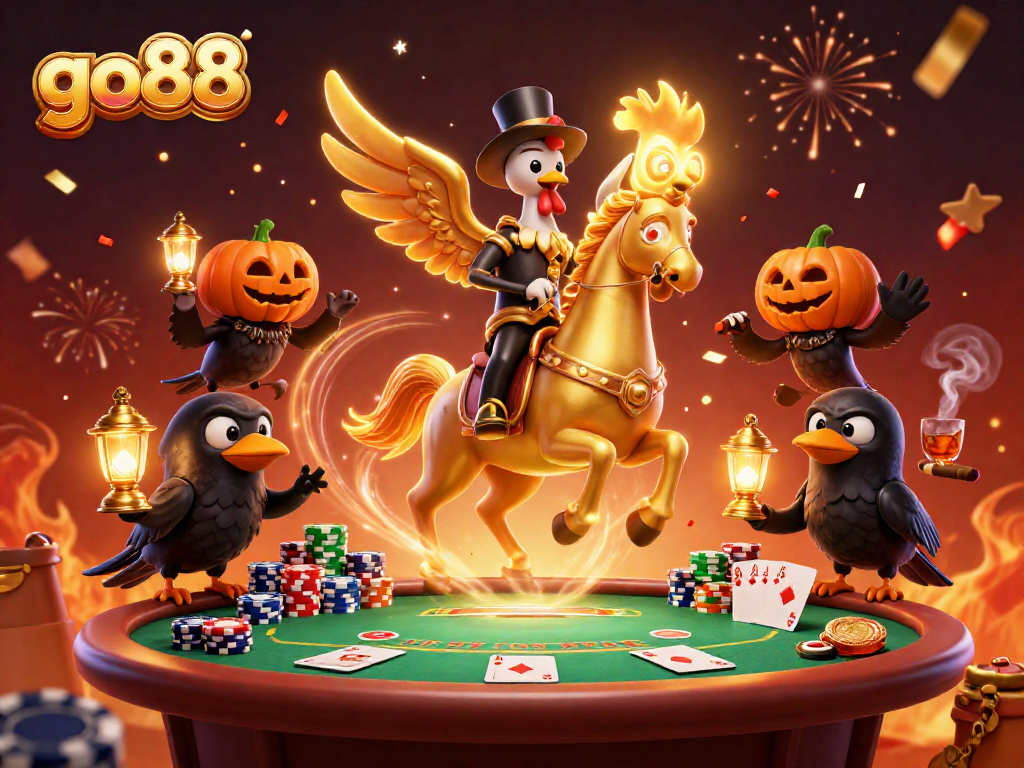Experience the rich gaming atmosphere of go88 with a golden rooster in a vibrant casino scene.