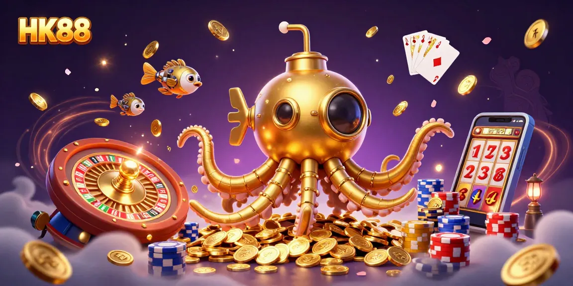 Experience the excitement of HK88 with golden kraken and dynamic casino elements in a 3D illustration.