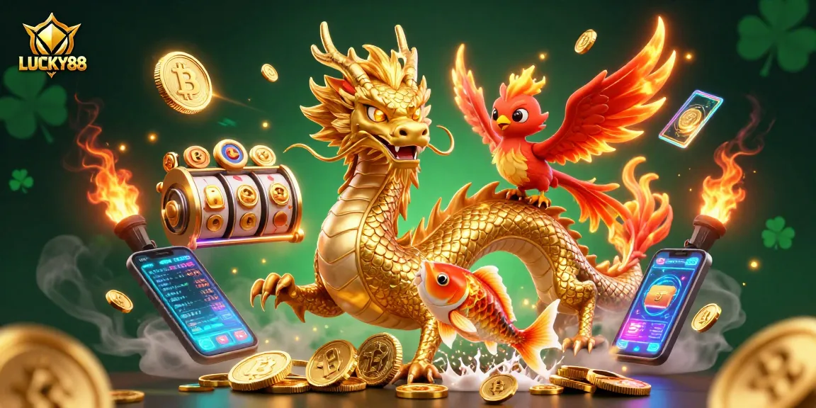 Experience LUCKY88's vibrant gameplay with a fierce dragon and phoenix in an energetic casino scene.
