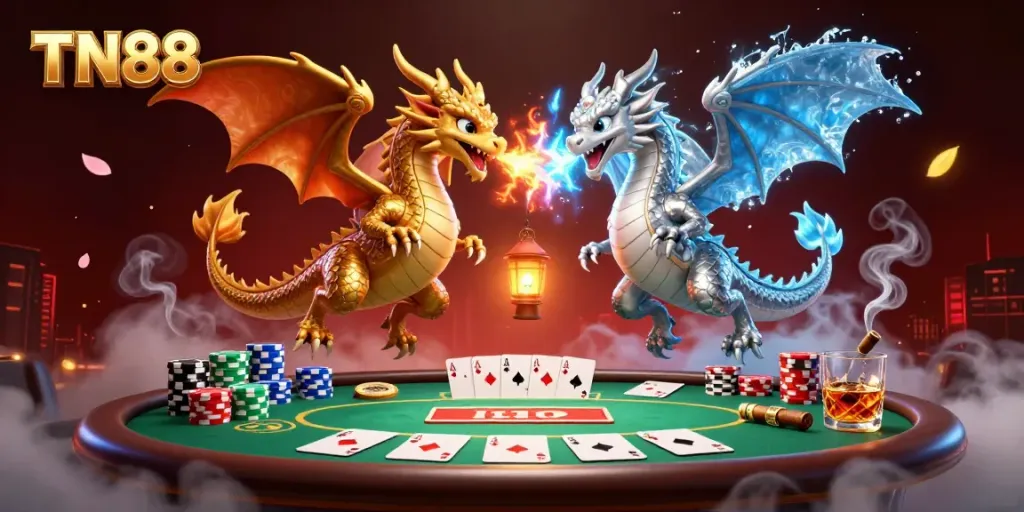 Experience the exciting TN88 casino scene with dynamic dragons, poker elements, and vibrant decorations.