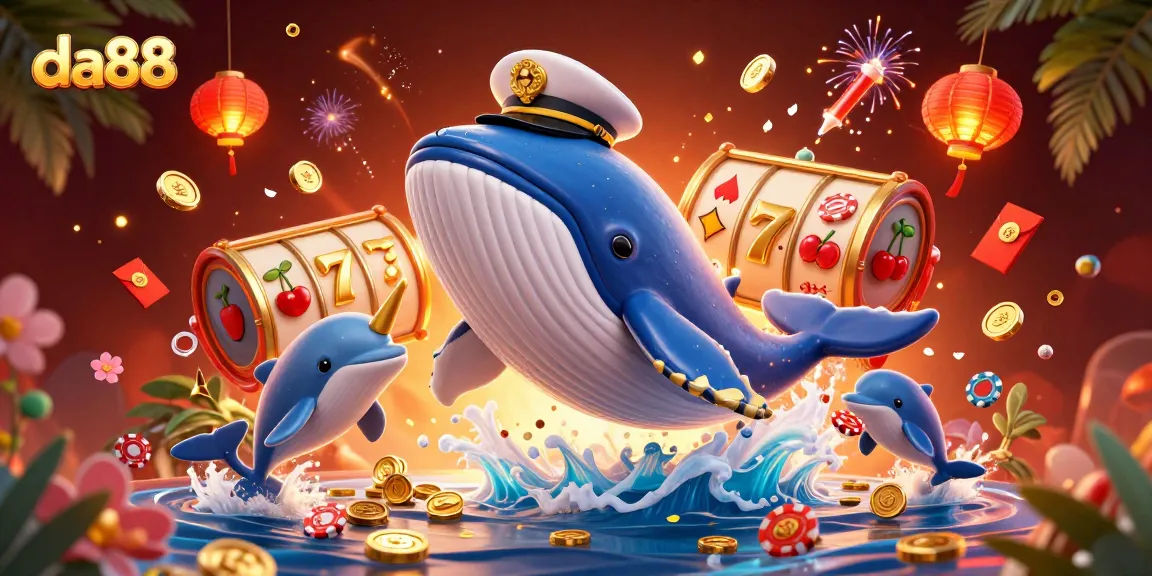 Experience da88 excitement with a whale breaching coins, dolphins tossing poker chips, and vibrant slot reels.