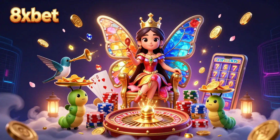 Engage with the vibrant world of 8xbet, featuring colorful characters amid a dynamic casino scene.