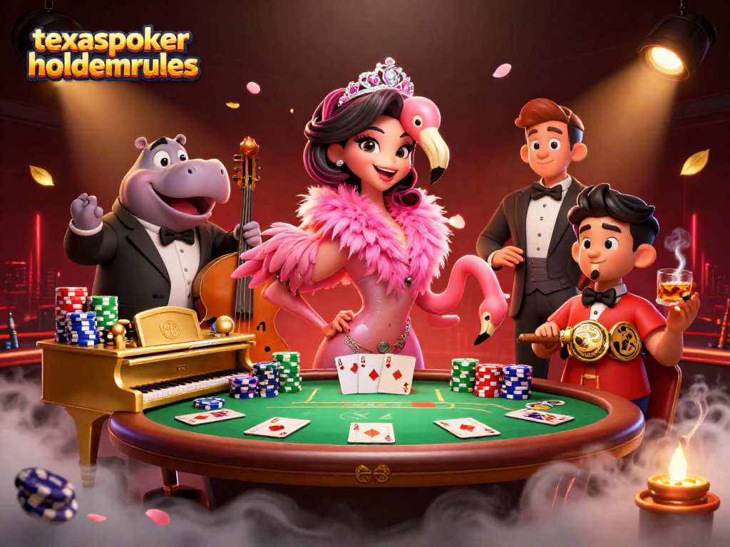 texaspokerholdemrules showcases a vibrant poker scene with animated characters amidst lively gameplay excitement.