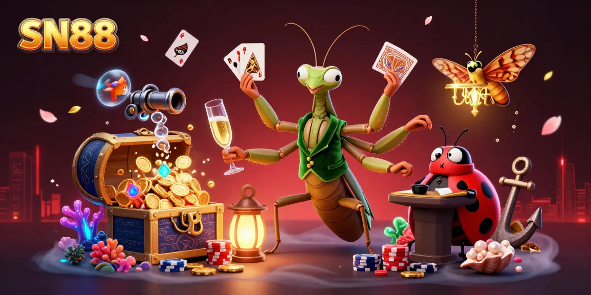 Engaging scene of SN88's lively online casino experience with cartoon characters and vibrant gambling elements