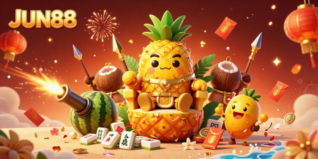 Join the excitement of JUN88 casino with vibrant 3D characters, festive elements, and dynamic gaming action.