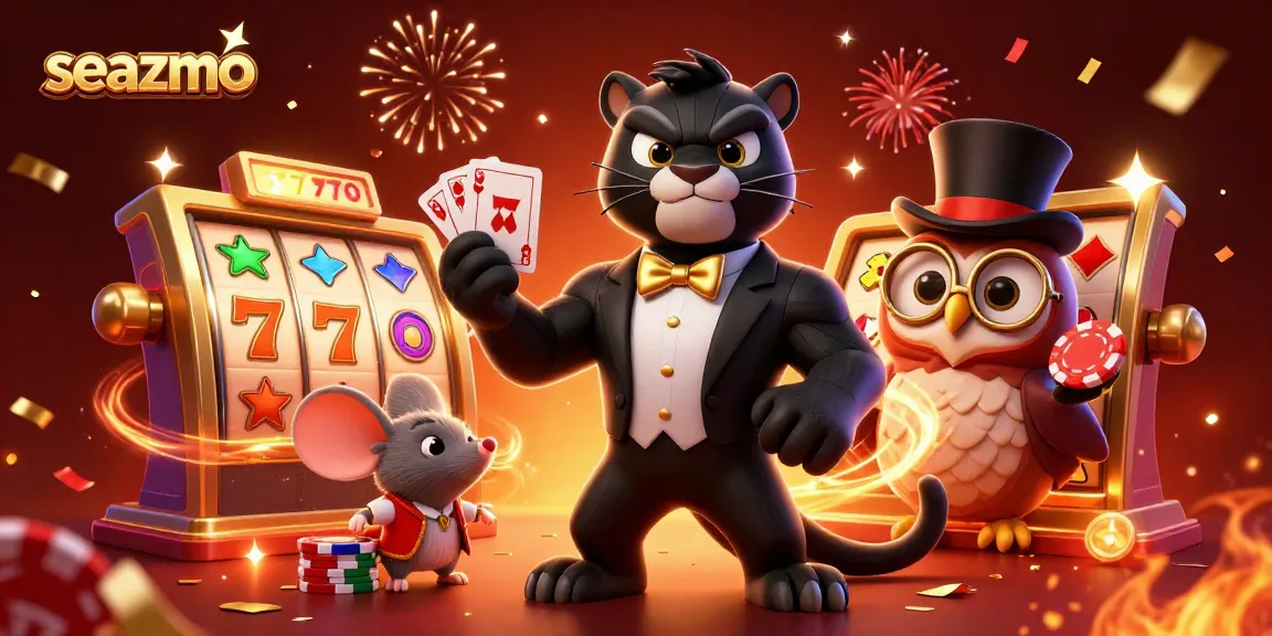 Seazmo's stylish casino scene featuring a tuxedo-clad black panther dealing cards amidst dynamic slot reels.