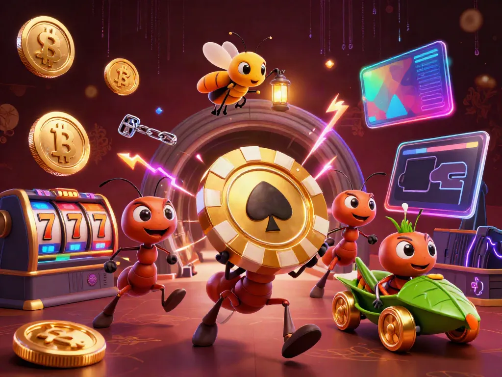 S8 platform showcases playful ants in a heist with golden poker chip, representing online gaming excitement.