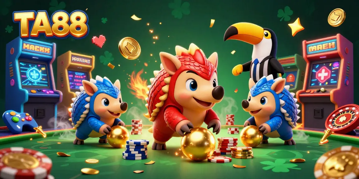 Engage with TA88 at a vibrant casino-themed gaming scene featuring rival pangolins and poker elements.