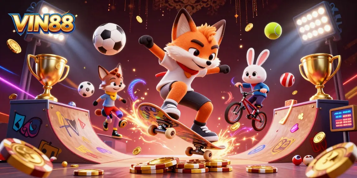 VIN88 skateboarder fox performs tricks over poker chip ramp amidst vibrant casino scene