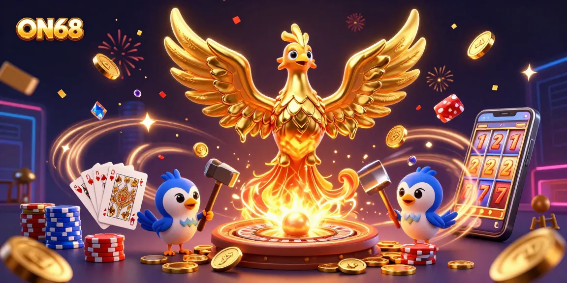 Join the action at ON68: a golden phoenix of fortune and gaming excitement in a vibrant casino scene!