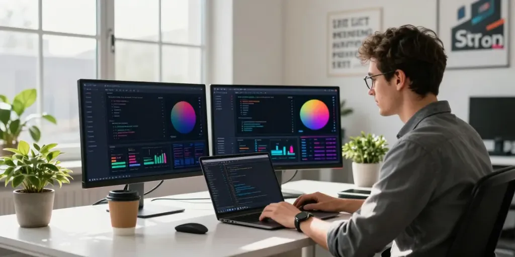 Neil Lock working in a modern tech office, showcasing his expertise as a neurodivergent entrepreneur.