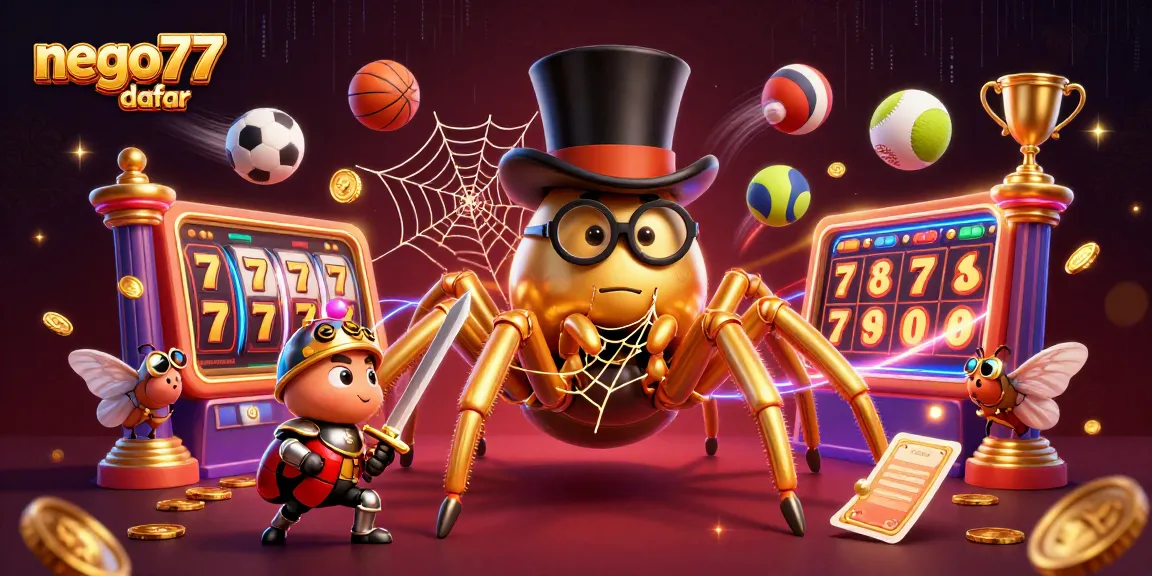 Engage with the exciting world of nego77 daftar, featuring a golden tarantula and beetle knight in a thrilling casino setting.