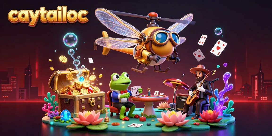 Experience the thrill of caytailoc as a frog croupier deals cards at a vibrant lily pad casino.