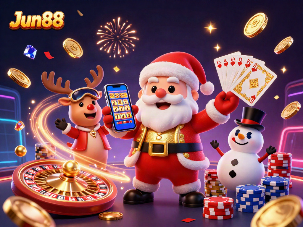 Experience the excitement of Jun88 with Santa Claus and friends celebrating casino wins.