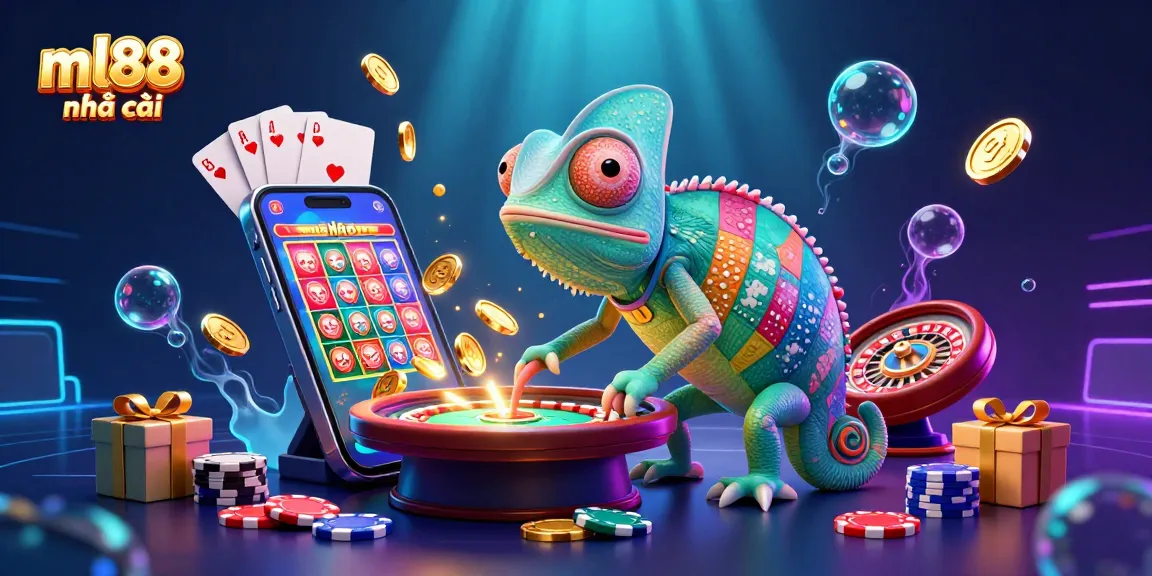 Engage with ml88 nhà cái through vibrant casino scenes featuring a chameleon owner and gaming elements.