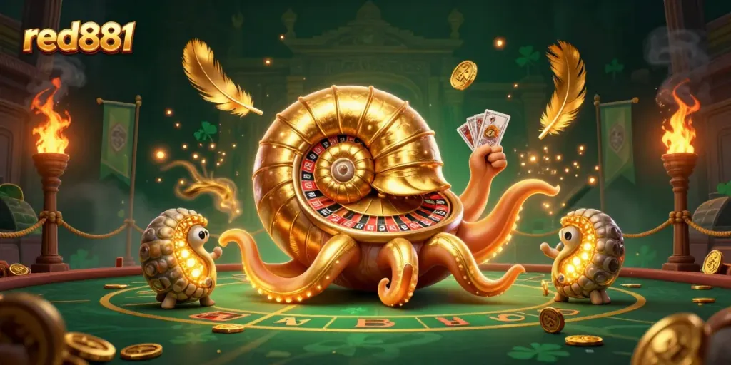 Experience high-stakes gaming with red881's vibrant casino scene featuring a nautilus roulette wheel.