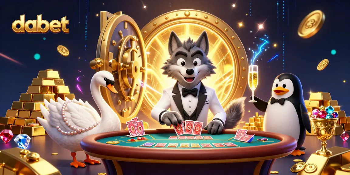 Dabet transforms your baccarat experience with a lively scene of characters at a vibrant casino, showcasing the thrill of card games.