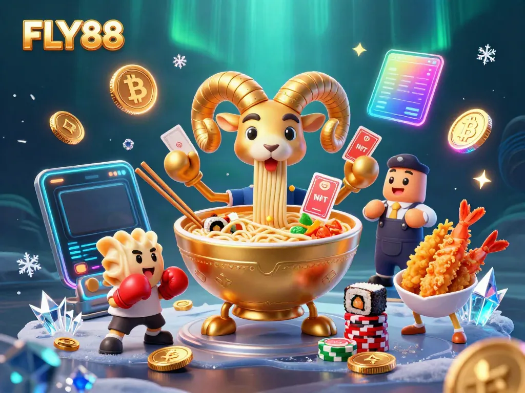 FLY88 showcases a vibrant scene of a giant ramen bowl dealing cards amidst crypto coins and gaming elements.