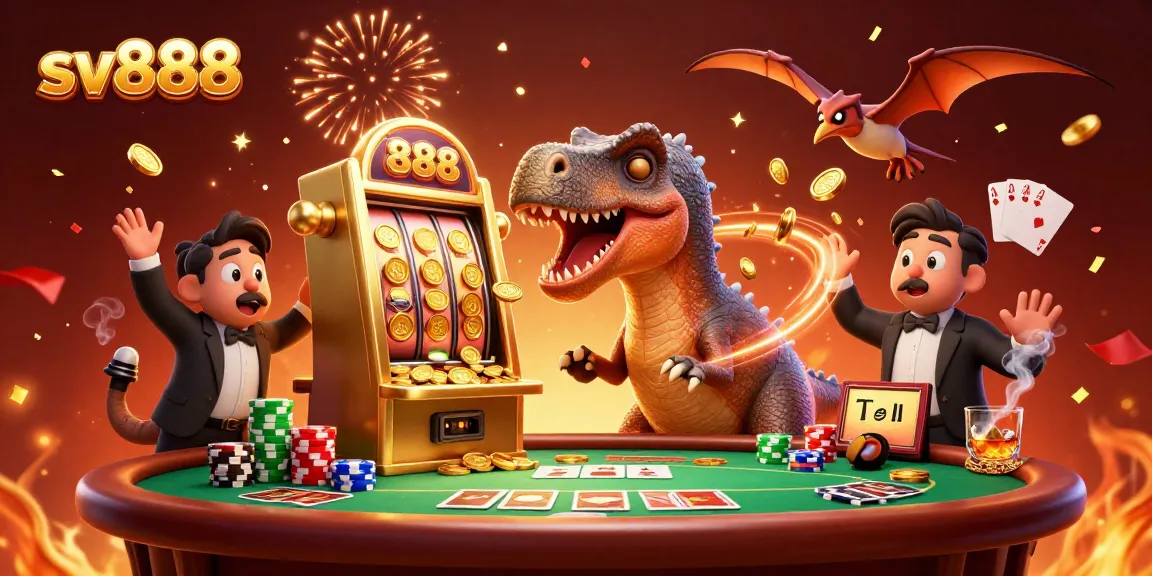 Engaging sv888 illustration of a dinosaur winning on a slot machine while coins fly through the air.