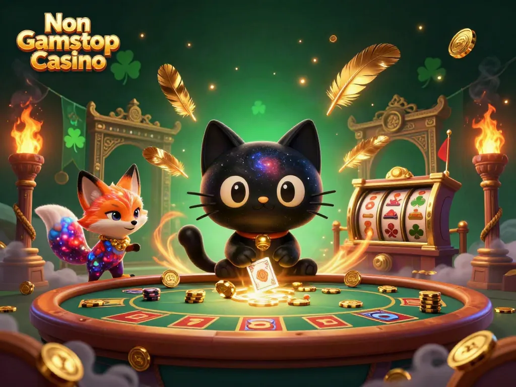 Experience the Non Gamstop Casino with a whimsical cosmic scene, featuring vibrant characters and dynamic gambling elements.