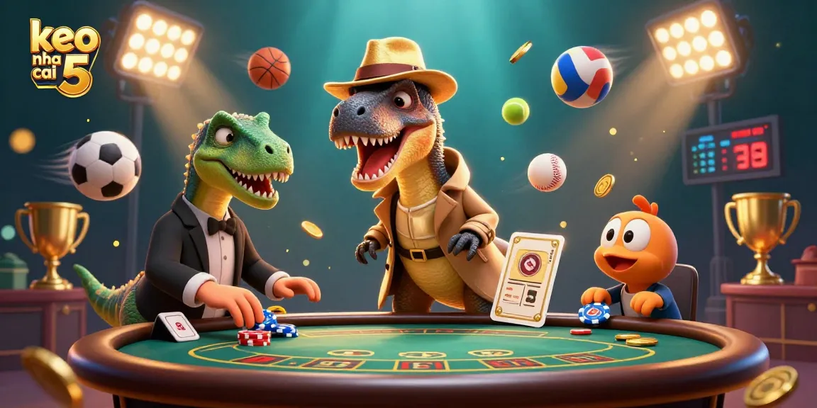 Experience the dynamic environment of keo nha cai 5 featuring a velociraptor at a blackjack table, amidst sports elements.