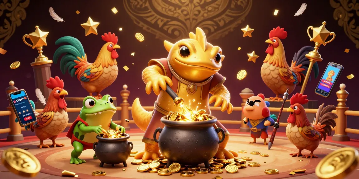 Experience thrilling bj88 đá gà action in a vibrant, dynamic 3D illustration of animated characters in a lively cockfighting scene.