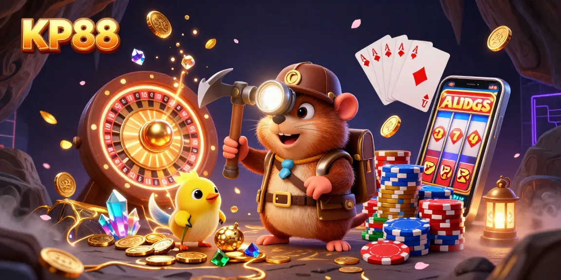 Engage with KP88's thrilling gaming experience featuring a treasure-hunting mole, dazzling gems, and spinning roulette.