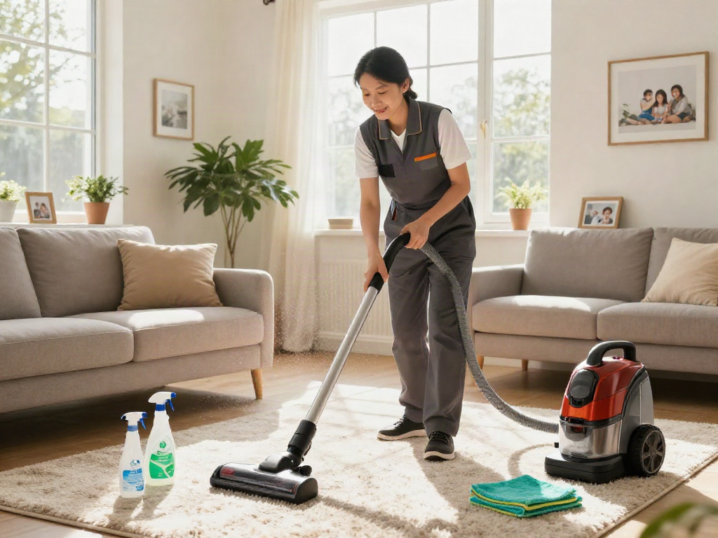Cleaner using depo 10k for thorough carpet cleaning in a bright living room.