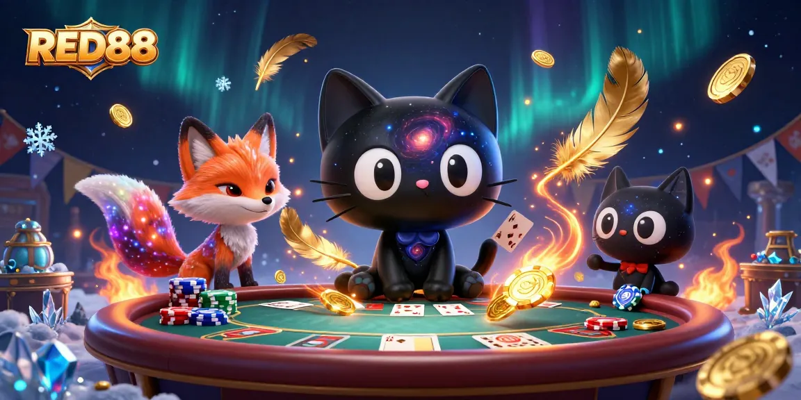 Experience the thrill of RED88 as a black hole cat draws in golden chips and cards at an electrifying casino table.