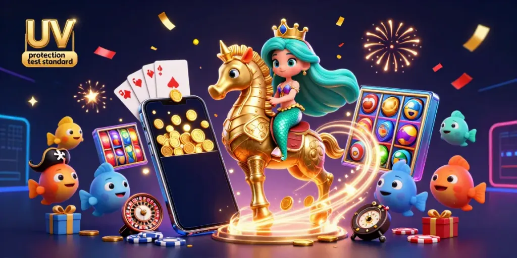 Experience the UV protection test standard with this vibrant gaming scene featuring a mermaid, seahorse, and slot games.