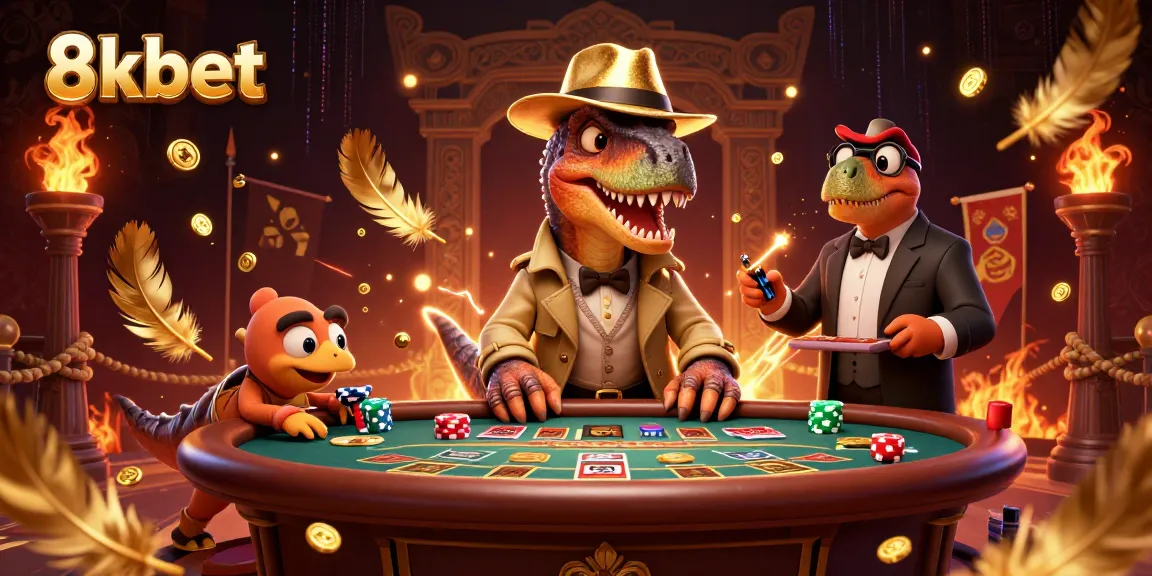 8xbet character velociraptor engaging at blackjack table with casino elements and vibrant effects