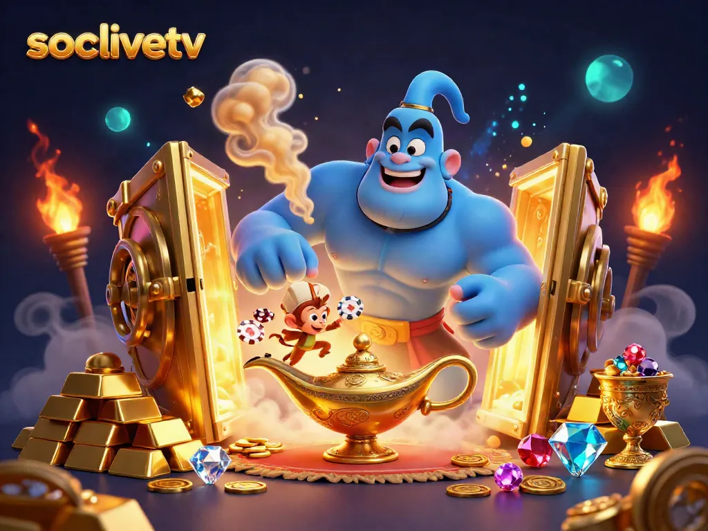 Explore the enchanting world of socolivetv with a vibrant genie, poker chips, and treasure.